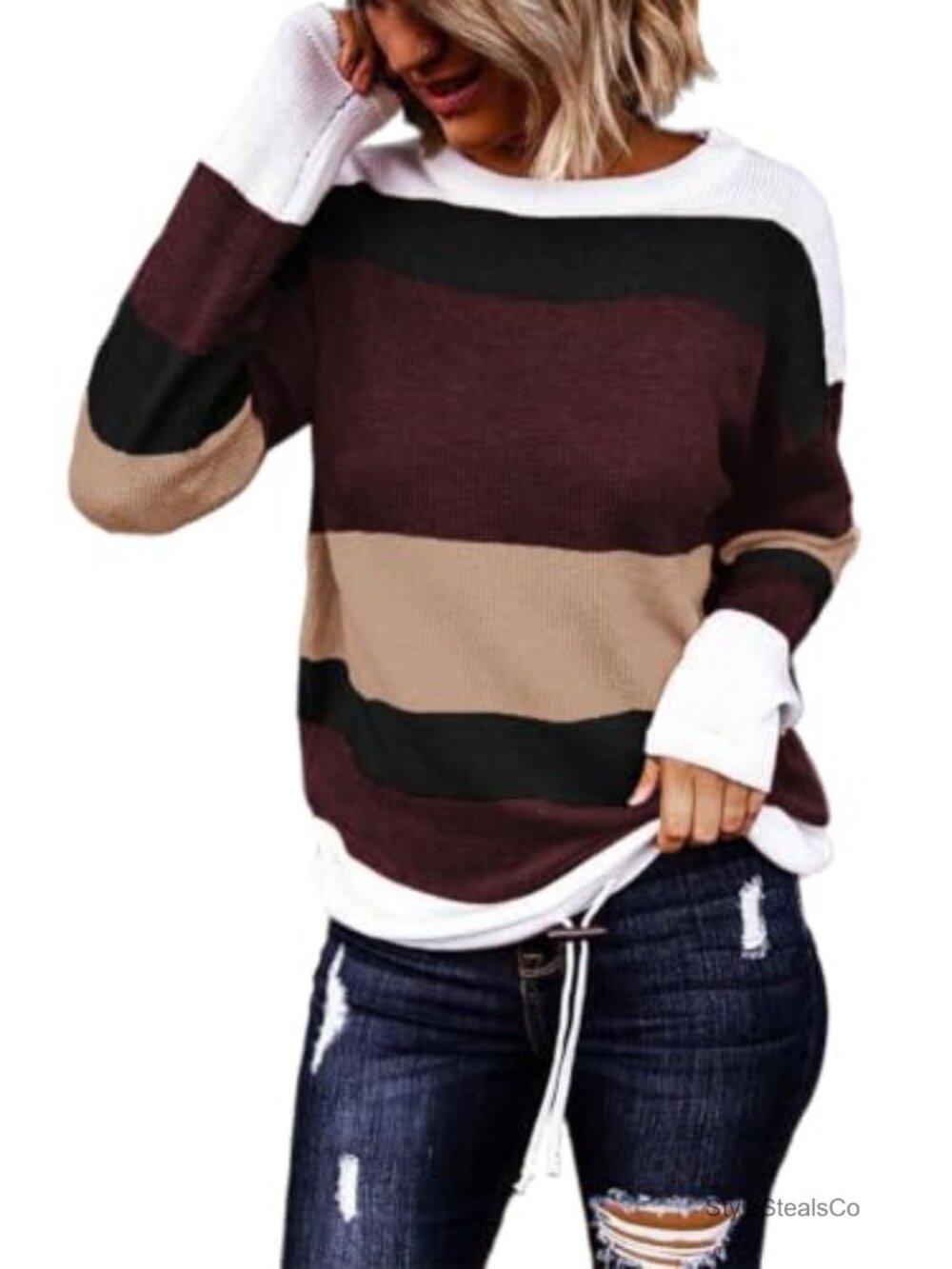 Womens Striped Drawstring Crew Neck Pullover Sweater Fall Winter